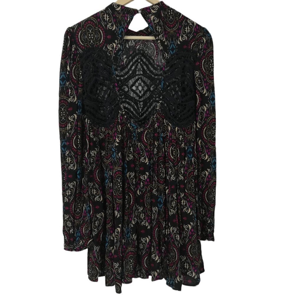 Free People Boho Lace Tunic Mini Dress Size XS Sheer Open Back Long Sleeve Black - Picture 8 of 13